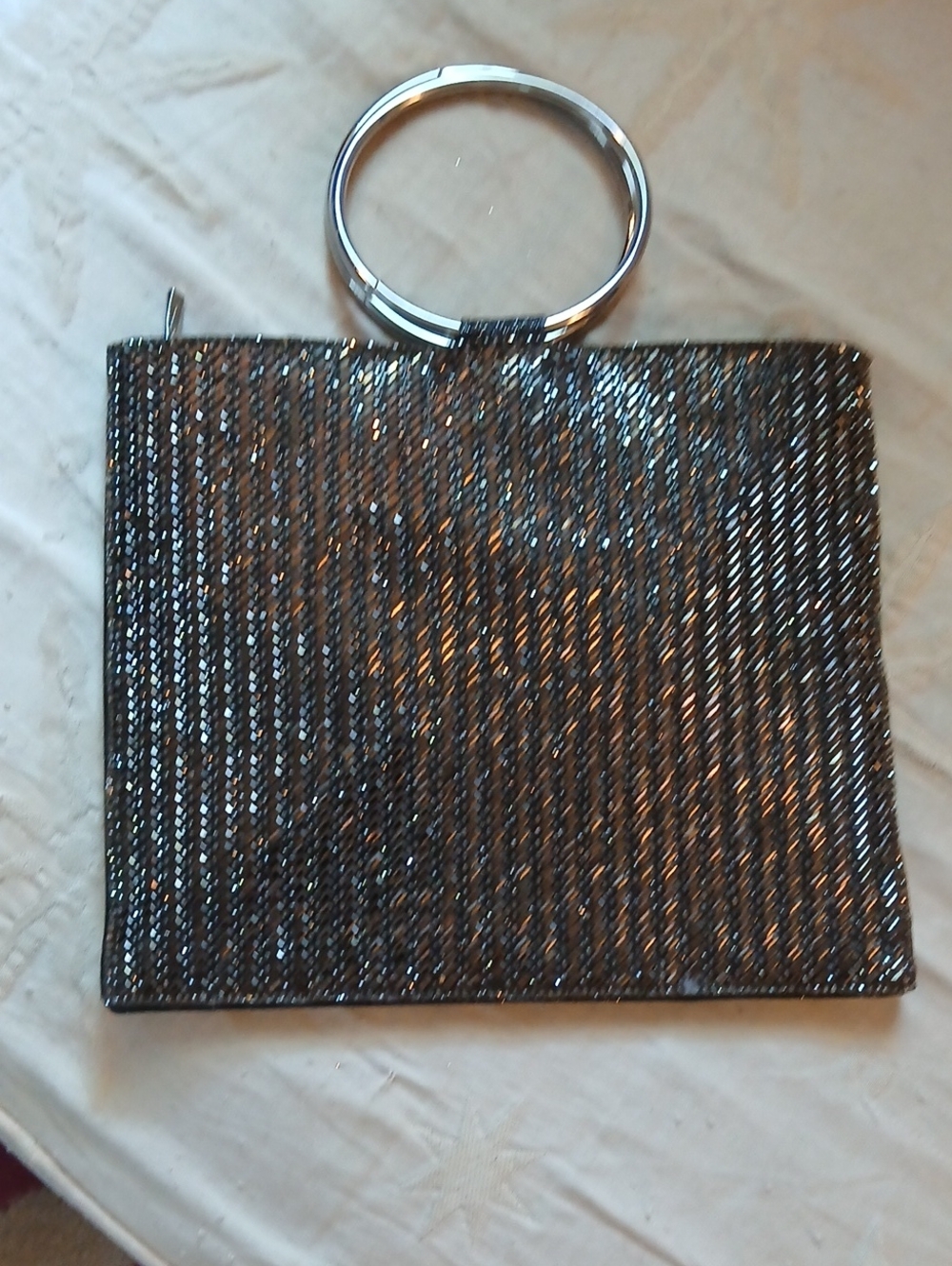 Metallic Black Sequined Wristlet Clutch with Silver Ring Handle